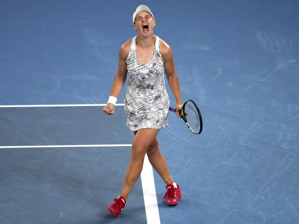 Ash Barty of Australia celebrates after defeating Danielle Collins of the U.S., in the women's singles final at the Australian Open on Saturday in Melbourne.