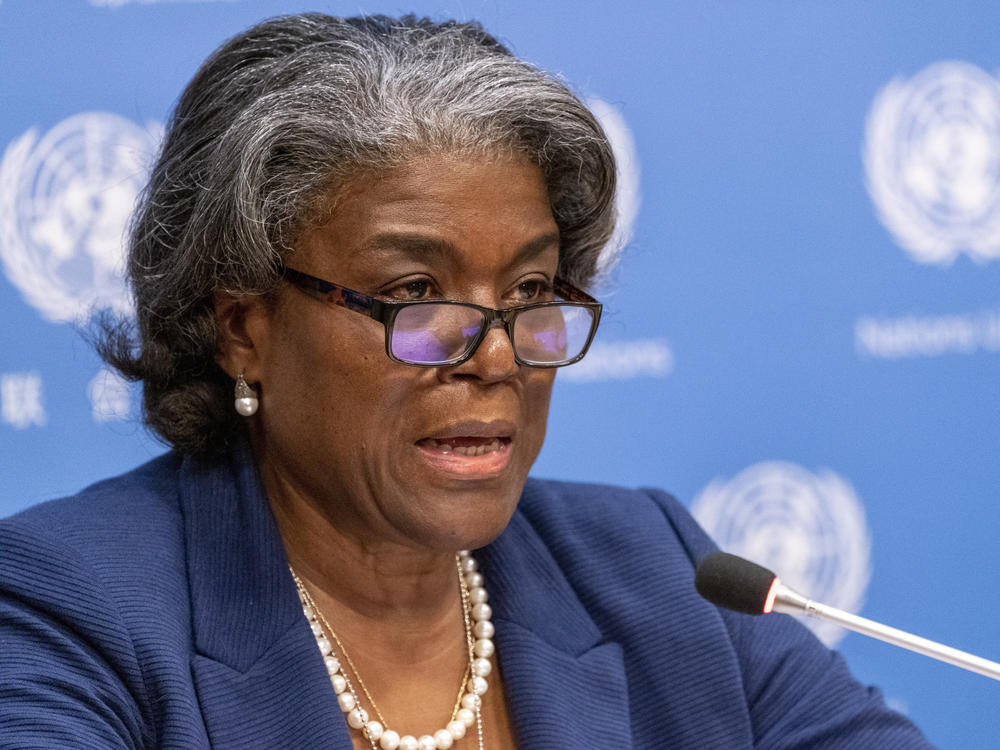 U.S. Ambassador to the United Nations, Linda Thomas-Greenfield speaks to reporters during a news conference at United Nations headquarters on March 1, 2021.