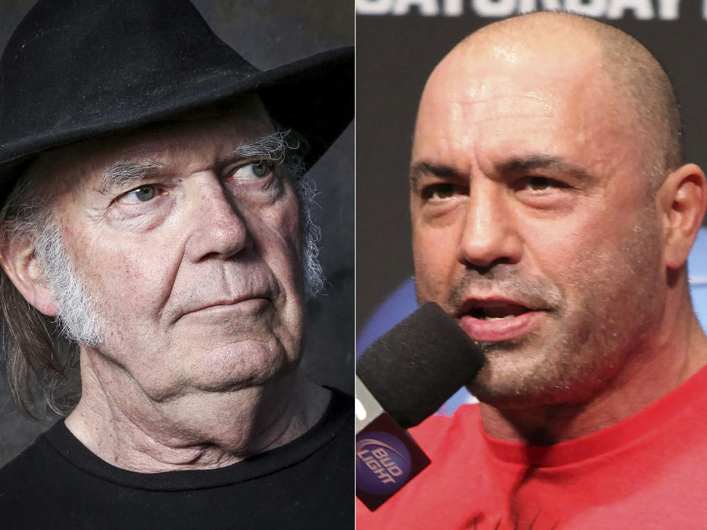 Neil Young (left) in 2016 and podcaster Joe Rogan in 2012. Spotify said Sunday that it will add content advisories before podcasts discussing the coronavirus. The move follows protests of the music-streaming service that were kicked off by Young over the spread of COVID-19 vaccine misinformation.