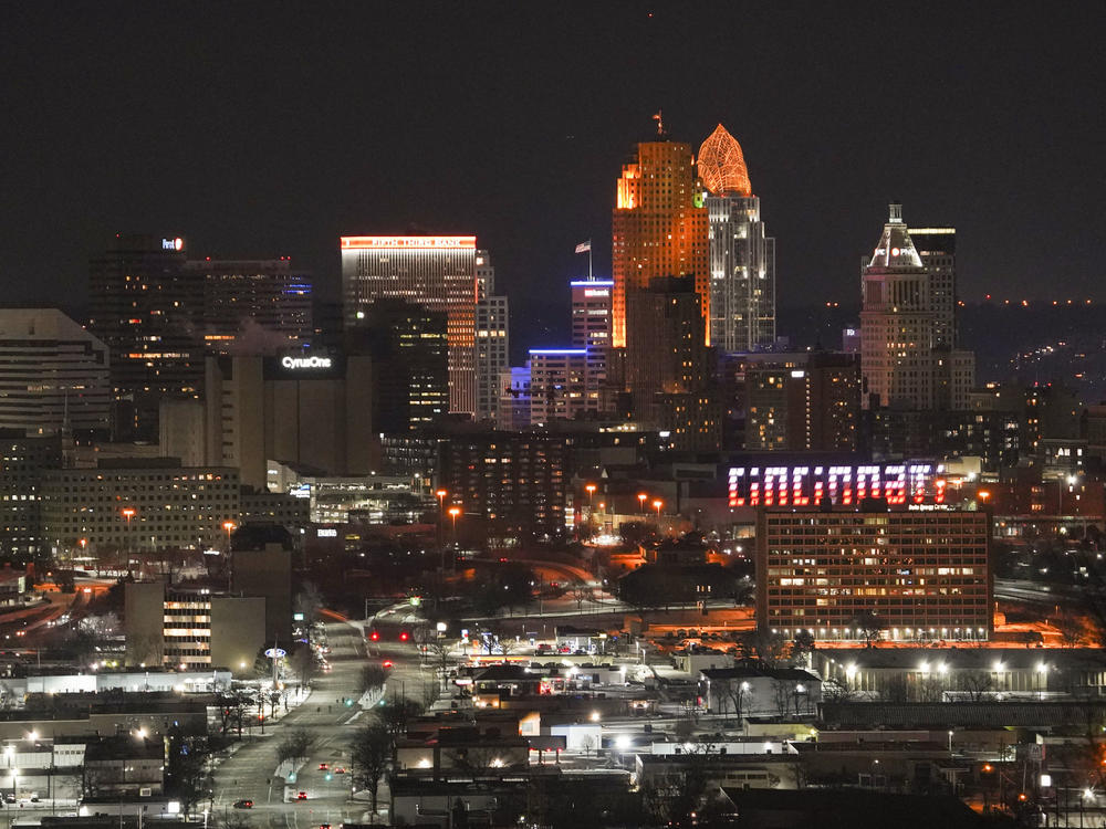 The Cincinnati skyline is lit up in orange the night the Bengals beat the Kansas City Chiefs to land a spot in this year's Super Bowl.