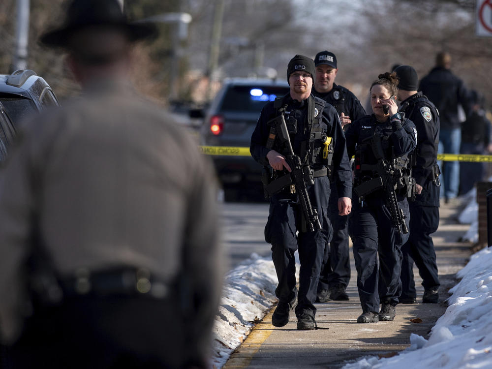 Police secure the scene of a shooting at Bridgewater College in Bridgewater, Va., on Tuesday.