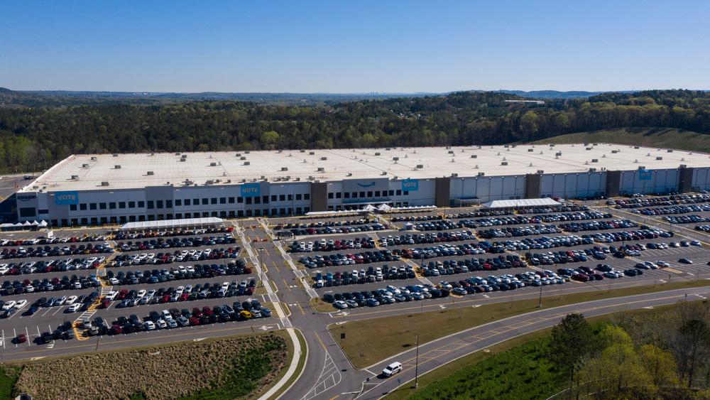 An aerial image shows Amazon's Bessemer warehouse, where more than 6,100 workers are deciding whether to unionize.