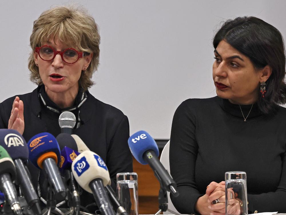 Amnesty International has labeled Israel an apartheid state over its policies toward Palestinians. The Israeli government rejects the accusation. Here, Agnes Callamard, the secretary general of Amnesty International, speaks during a news conference as activist Orly Noy (right) looks on in Jerusalem.