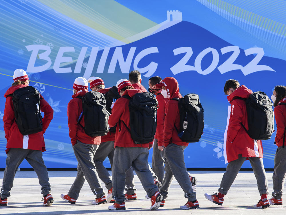 Members of Team Switzerland arrive at the Olympic Village ahead of the Beijing 2022 Winter Olympic Games on Feb. 1, 2022.