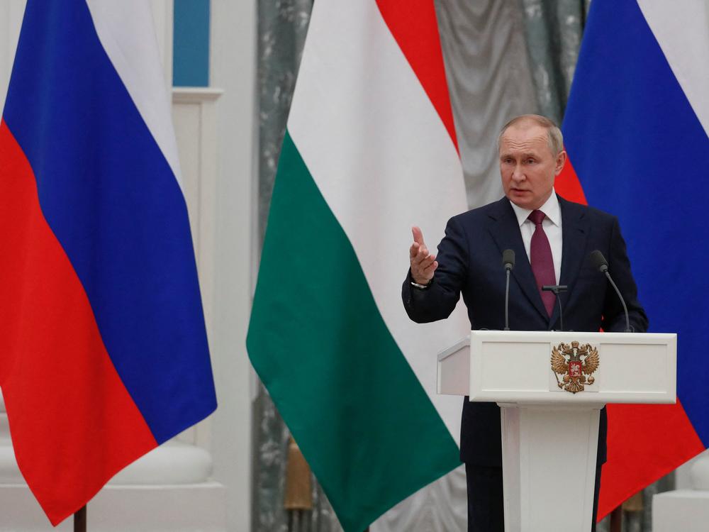 Russian President Vladimir Putin talks during a press conference with Hungarian Prime Minister Viktor Orban after their meeting at the Kremlin in Moscow on Tuesday.