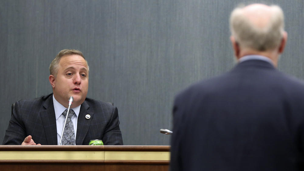 South Carolina state Rep. Russell Fry (left), who's seen here in a 2021 photo, was endorsed Tuesday by former President Donald Trump in his primary challenge to Rep. Tom Rice.