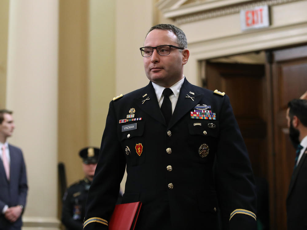 Lt. Col. Alexander Vindman arrives to testify before the House Intelligence Committee in November 2019 during the impeachment inquiry against former President Donald Trump.