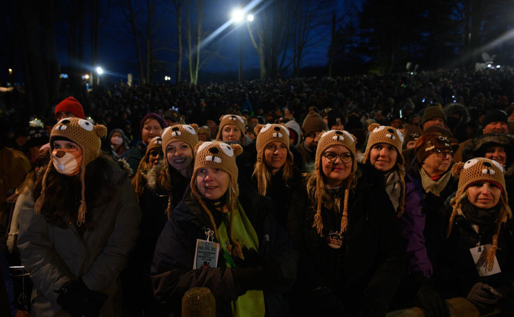 A crowd awaits Punxsutawney Phil during the 136th annual Groundhog Day festivities on Wednesday.