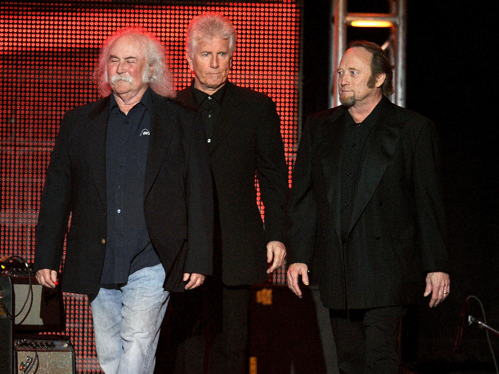 David Crosby (from left), Graham Nash and Stephen Stills of Crosby, Stills & Nash onstage in Los Angeles in 2010. They're supporting former bandmate Neil Young in pulling material from Spotify.