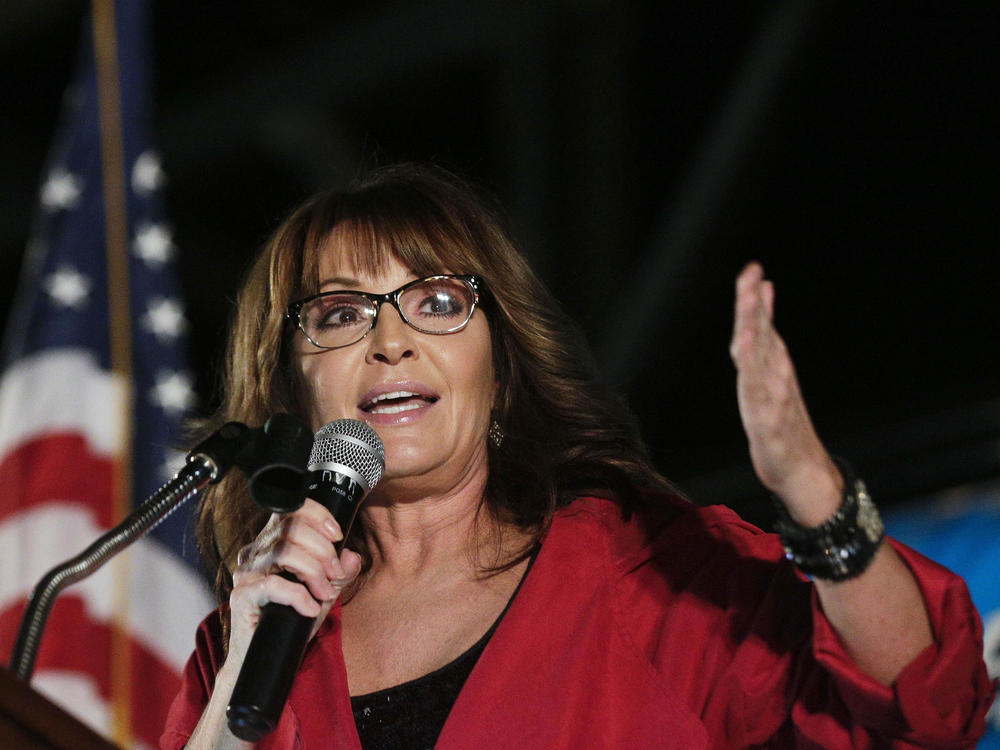 Former vice presidential candidate Sarah Palin speaks at a rally in September 2017, in Montgomery, Ala. Her court battle against <em>The New York Times </em>resumes on Thursday.