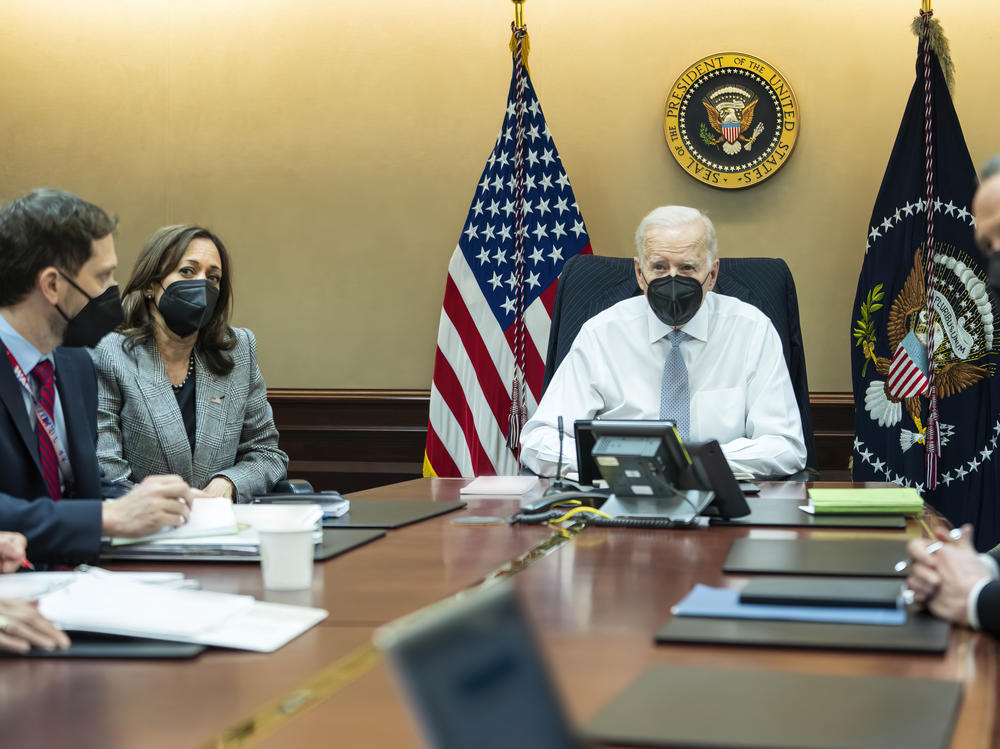 In this image provided by the White House, President Biden and Vice President Harris and members of the president's national security team observe from the White House Situation Room on Wednesday the counterterrorism operation responsible for removing from the battlefield Abu Ibrahim al-Hashimi al-Qurayshi, the leader of the Islamic State group.