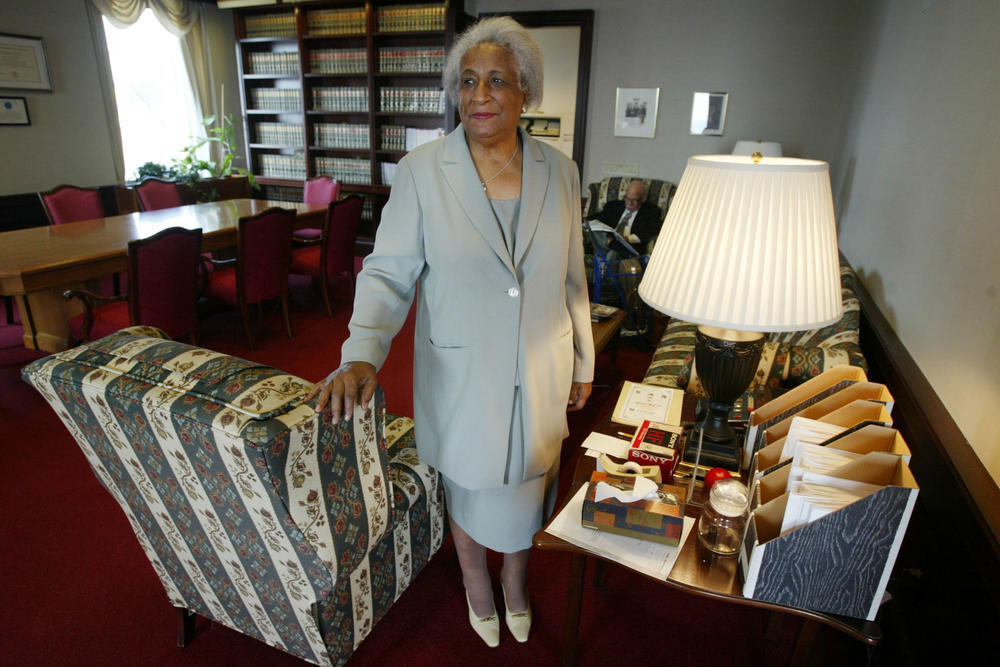Judge Constance Baker Motley stands in her chambers at Federal court in New York, May 7, 2004. Motley, 82, was a young attorney for the National Association for the Advancement of Colored people in the 1950s when she worked on the Brown v. Board of Education school desegregation case.