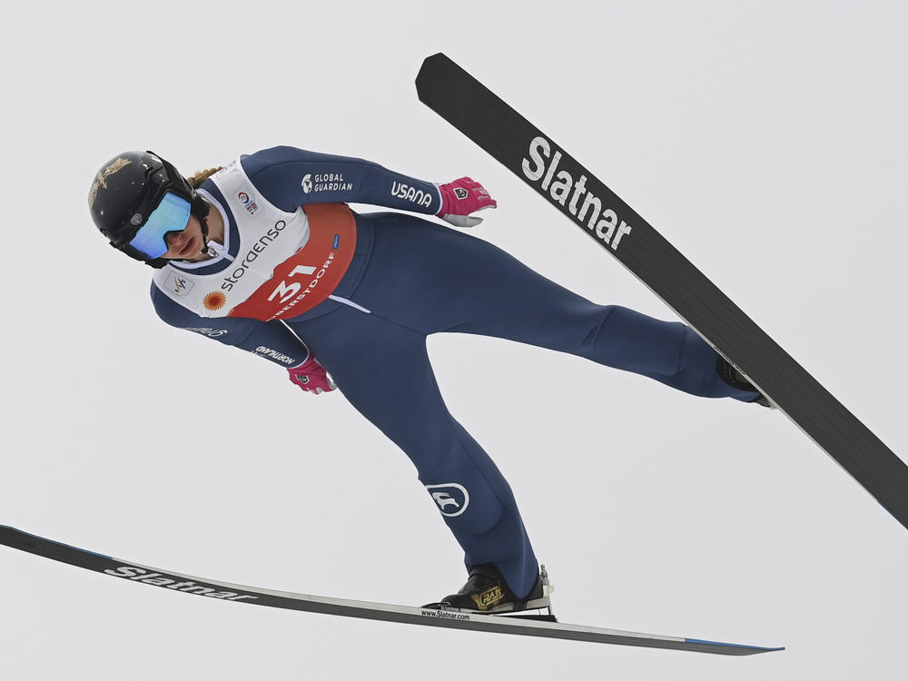 Tara Geraghty-Moats, from the U.S., soars through the air during a trial round at the Gundersen Nordic combined jumping event at the FIS Nordic Ski World Championships in Oberstdorf, Germany, on Feb. 27, 2021.