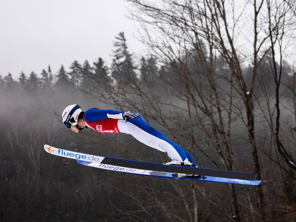 Logan Sankey jumps during the first round of the ski jumping competition at the U.S. Nordic Combined & Ski Jump Olympic Trials in December in Lake Placid, N.Y.