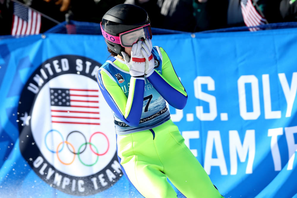 Sarah Hendrickson reacts after a jump in 2017 in Park City, Utah. She is shown wearing hip panels, prior to the change in uniform rules.