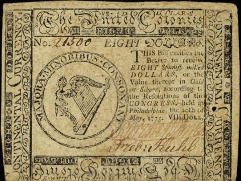 The U.S. currency has undergone it share of changes over the centuries. This $8 Continental Currency paper note was issued by the Continental Congress to finance the Revolutionary War. After gaining independence, the U.S. adopted the dollar as its national currency.
