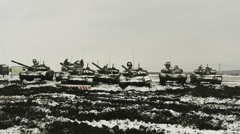 Russian tanks T-72B3 take part in drills at the Kadamovskiy firing range in the Rostov region in southern Russia, Jan. 12. Amid a buildup of Russian troops near Ukraine, Moscow has denied planning an attack on Ukraine but urged the U.S. and its allies to provide binding pledges including that Ukraine won't join NATO.
