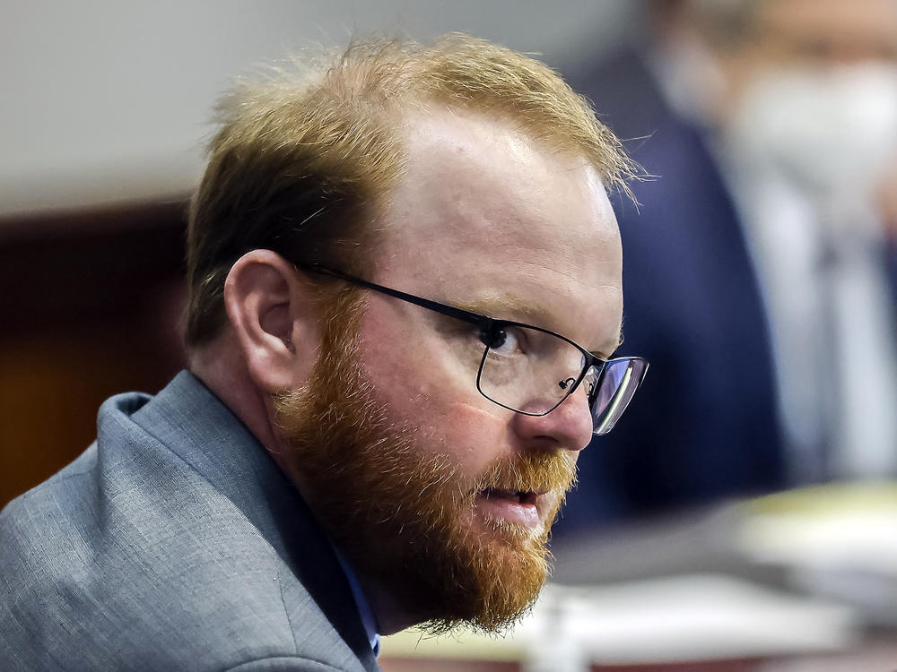 Travis McMichael looks on during the sentencing in his trial along with his father Greg McMichael and neighbor, William Bryan in on Jan. 7, 2022, in Brunswick, Ga.