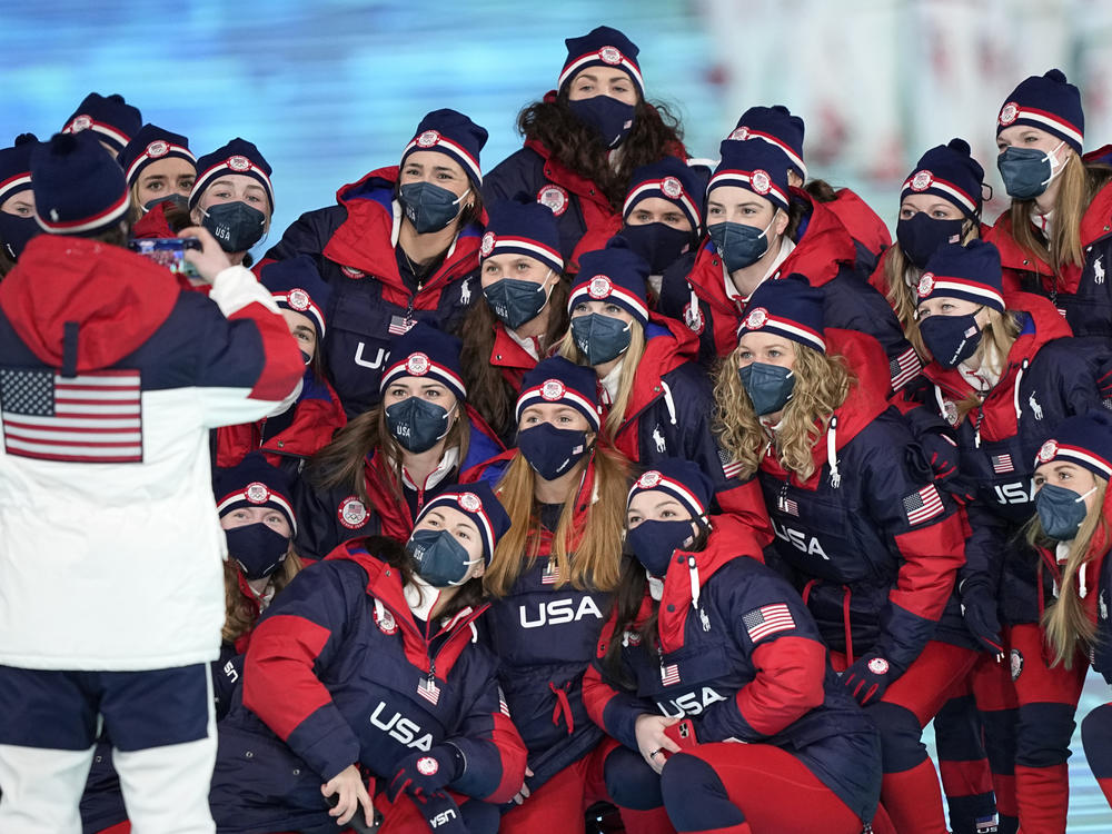 The team from the United States arrives during the opening ceremony of the 2022 Winter Olympics, Friday, Feb. 4, 2022, in Beijing.