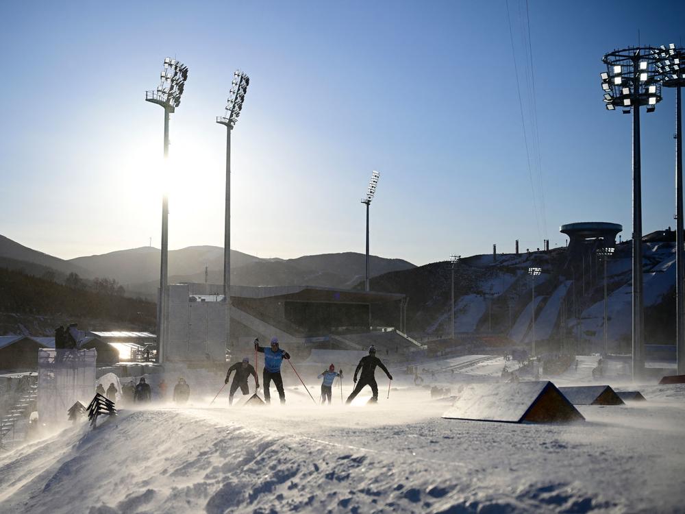 Athletes from Team USA train during a biathlon practice session at the National Biathlon Centre in Zhangjiakou on February 2, 2022