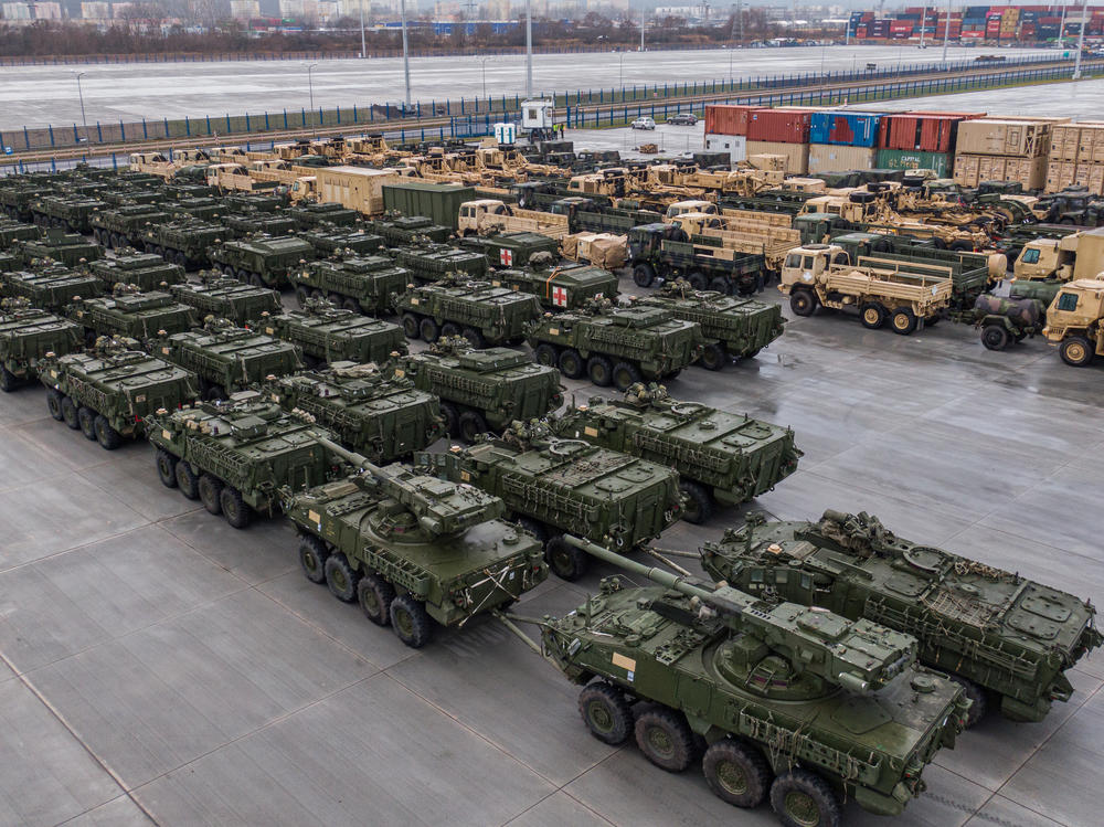 An aerial view on Feb. 4 of more than 200 pieces of equipment, including Strykers and wheeled vehicles from the U.S. Army National Guard's 1st Battalion, 185th Infantry Regiment and equipment for upload from the 3rd Battalion, 161st Infantry Regiment, at the Port of Gdynia in Gdynia, Poland.