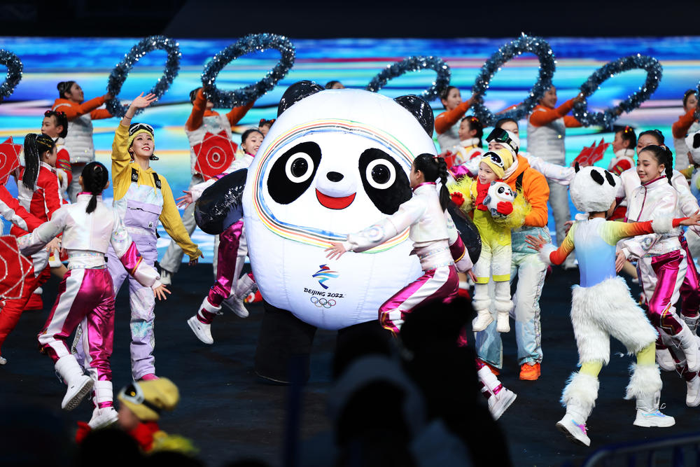 The Games' mascot, Bing Dwen Dwen, is seen during the opening ceremony.