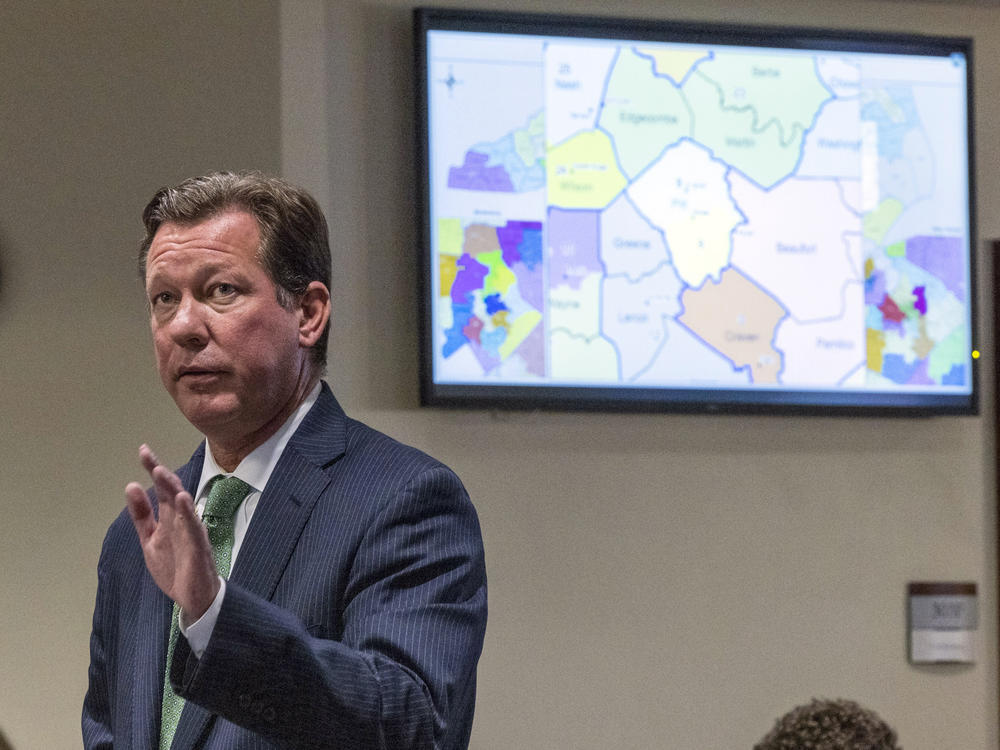 Phil Strach, an attorney for Republican legislators speaks during a partisan gerrymandering trial on Jan. 5, 2022, at Campbell University School of Law in Raleigh, N.C. A divided North Carolina Supreme Court struck down the state's new maps for congressional and General Assembly seats on Friday.