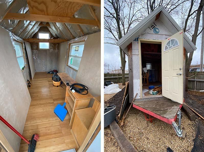 Interior and exterior views of a home under construction in a tiny house village operated by Occupy Madison in Madison, Wisconsin, December 2021.