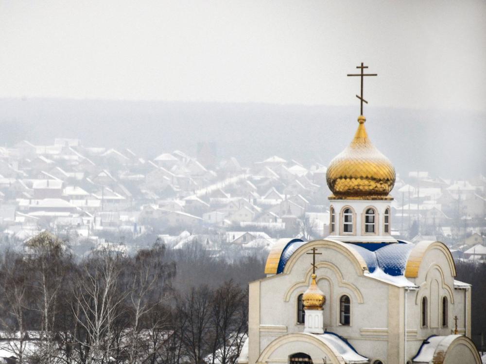 A church is seen in the Russian village of Shebekino outside Belgorod, a few miles from the Ukrainian border, on Jan. 27, 2022.