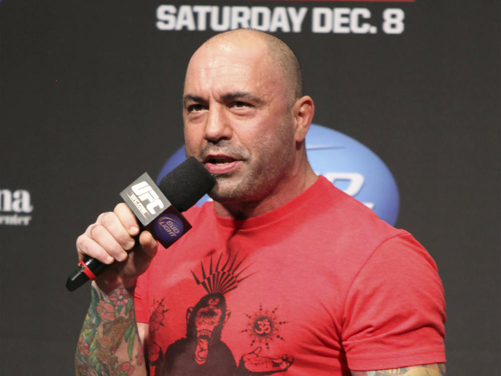 UFC announcer and podcaster Joe Rogan speaks at the weigh in before a UFC on FOX 5 event in Seattle, on Dec. 7, 2012.