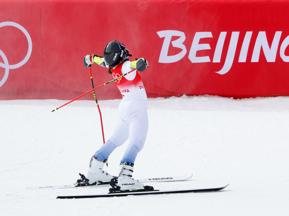 Sara Hector of Team Sweden celebrates after the women's giant slalom in Yanqing on Monday.