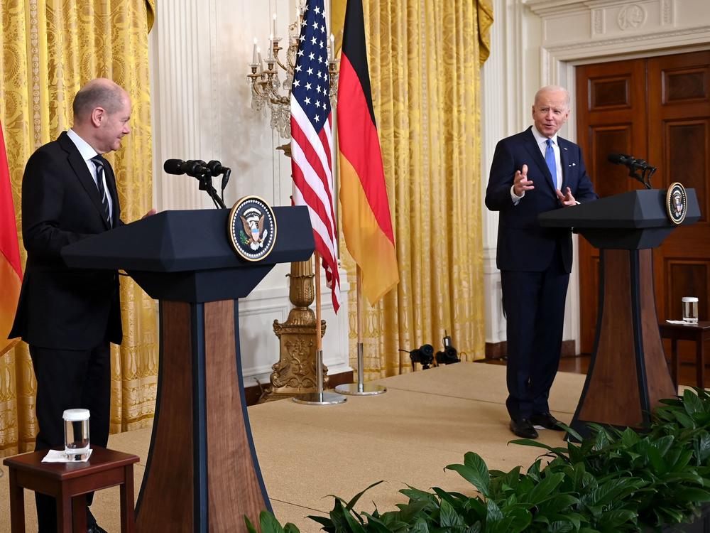 President Biden speaks during a joint news conference with German Chancellor Olaf Scholz at the White House on Monday.