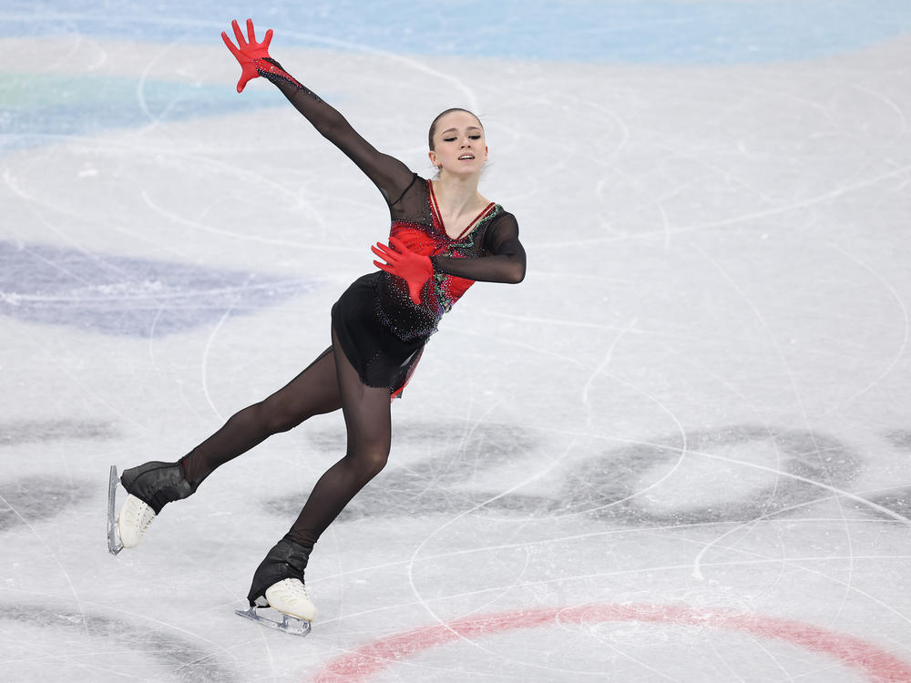 Kamila Valieva skates during the women single skating free skating team event. She is the first woman to land a quad jump in Olympic history.