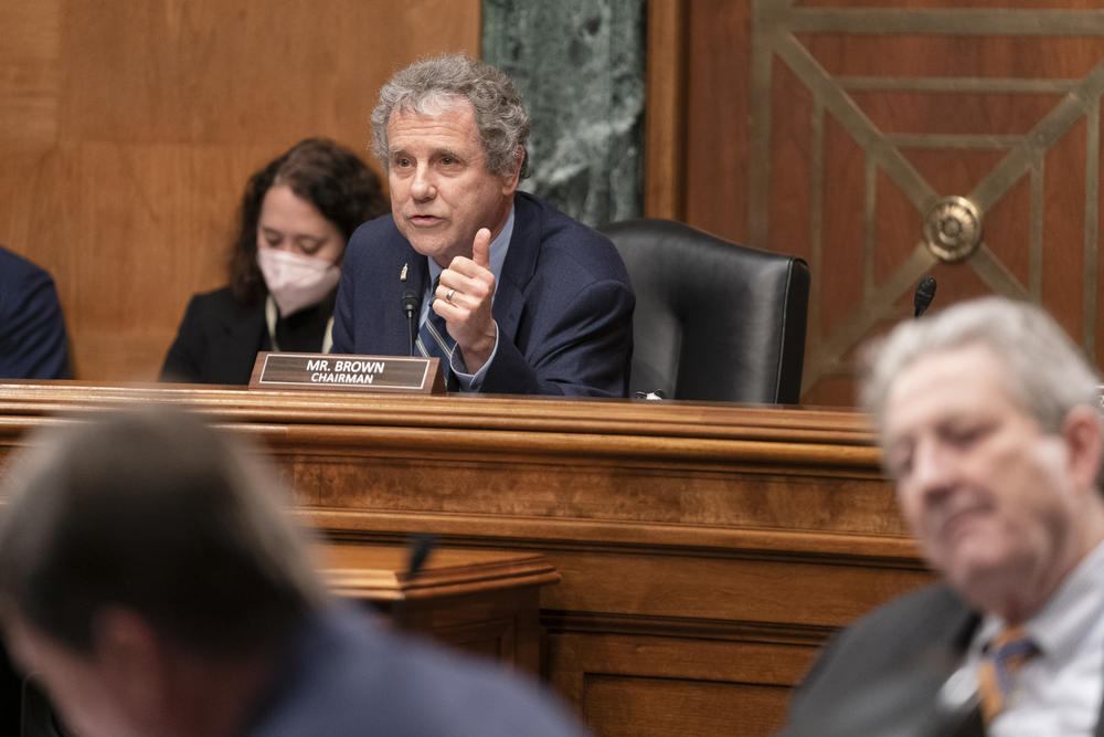 Senate Banking, Housing, and Urban Affairs Committee Chairman Sen. Sherrod Brown, of Ohio,  during a hearing on Capitol Hill in Washington in 2021.
