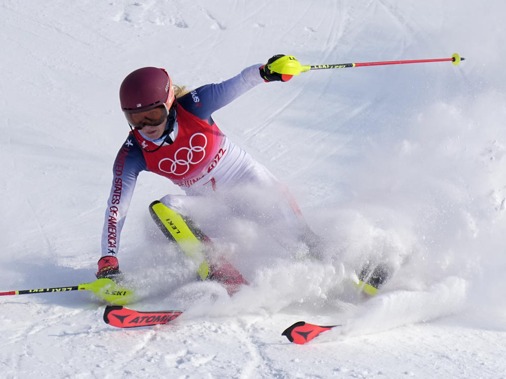 Three-time Olympic medalist Mikaela Shiffrin skis out in the first run of the women's slalom at the 2022 Winter Olympics on Wednesday.