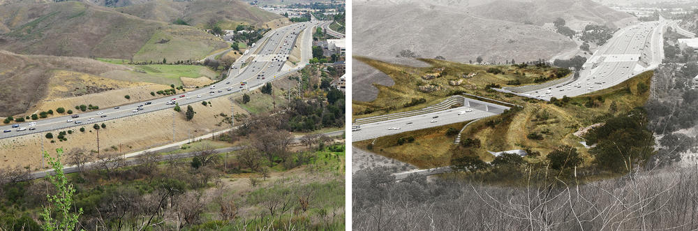 Highway 101, carved across the the Santa Monica Mountains northern foothills, 