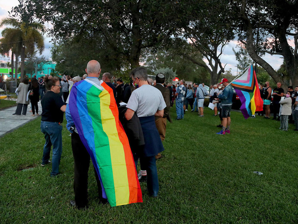 Opponents gather for a Safe Schools South Florida & Friends rally to push back against the so-called Don't Say Gay bill at the Pride Center in Wilton Manors, Fla., on Feb. 2.