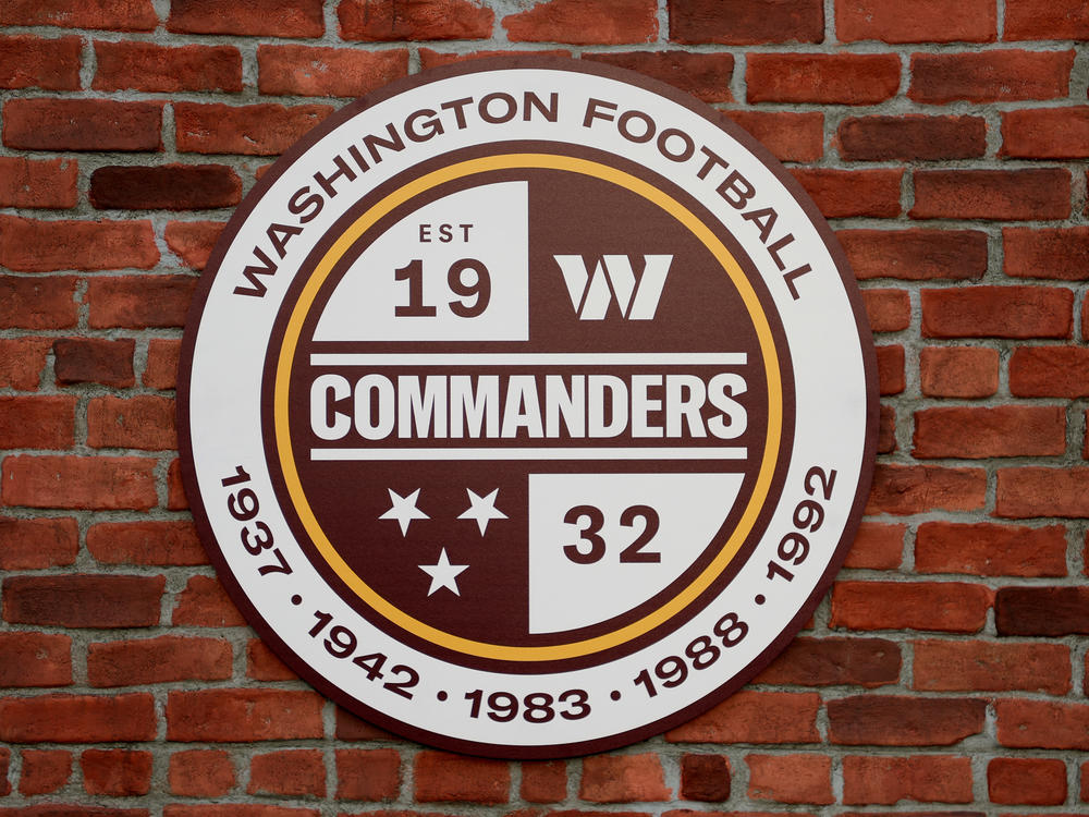 A view of a Washington Commanders logo during the announcement of the Washington Football Team's name change at FedEx Field in Landover, Md., on Feb. 2.