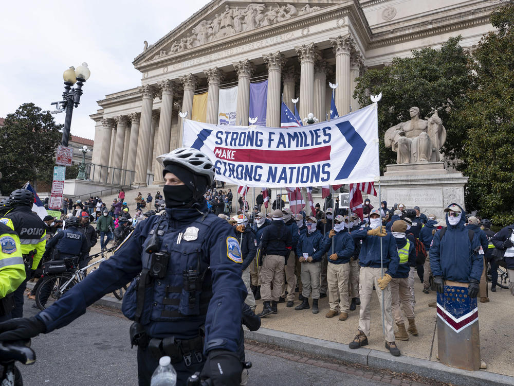 Members of the white supremacist group Patriot Front march on Constitution Avenue near the National Archives in Washington in January.