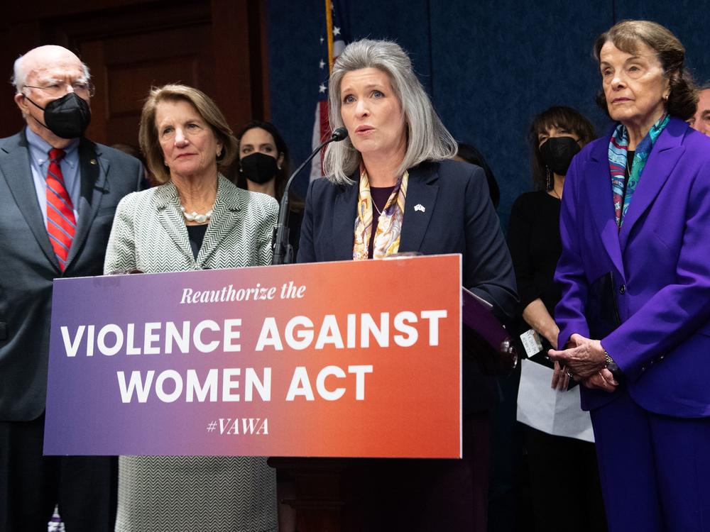 Sen. Joni Ernst, R-Iowa, speaks alongside several other senators on Wednesday as they announce a bipartisan agreement to update the Violence Against Women Act.