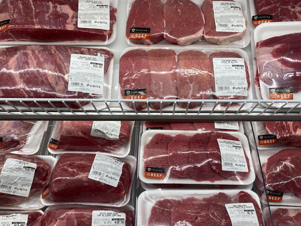 A selection of beef cuts is displayed at a Publix Supermarket in Miami on Oct. 20, 2021. Inflation is still high, with consumer prices in January surging at their fastest annual pace since 1982.