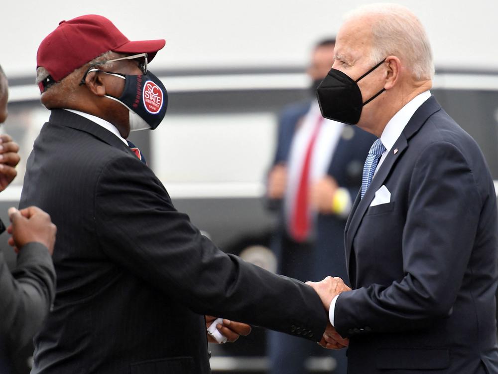 President Biden is welcomed by Rep. Jim Clyburn during a December trip to South Carolina. Clyburn is a close ally who has been urging him to consider Judge J. Michelle Childs for the Supreme Court vacancy.