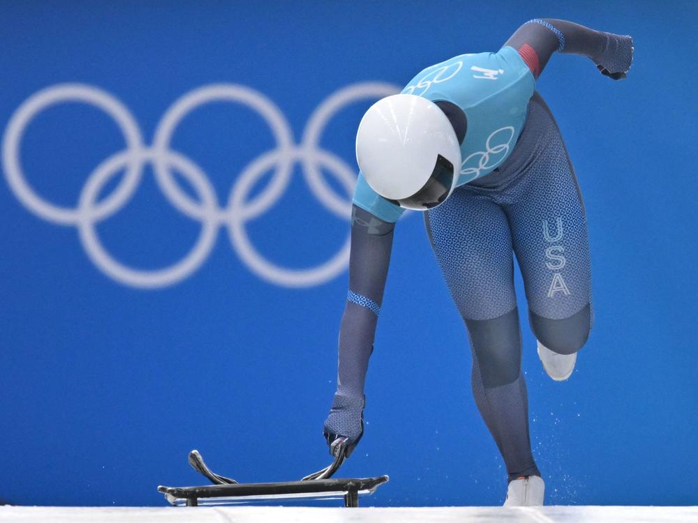 Curtis takes part in the women's skeleton training at the Yanqing National Sliding Centre during the Beijing Winter Olympics.