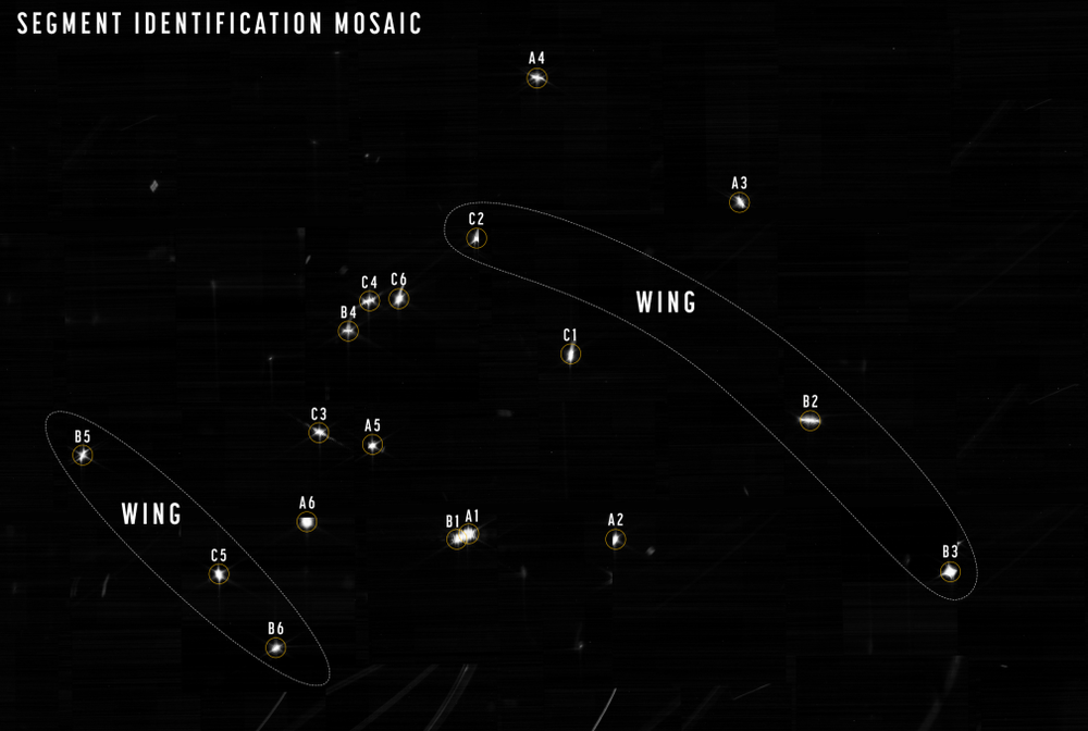 This mosaic shows images of the same star. Each is labeled with the name of the mirror segment that captured it. 