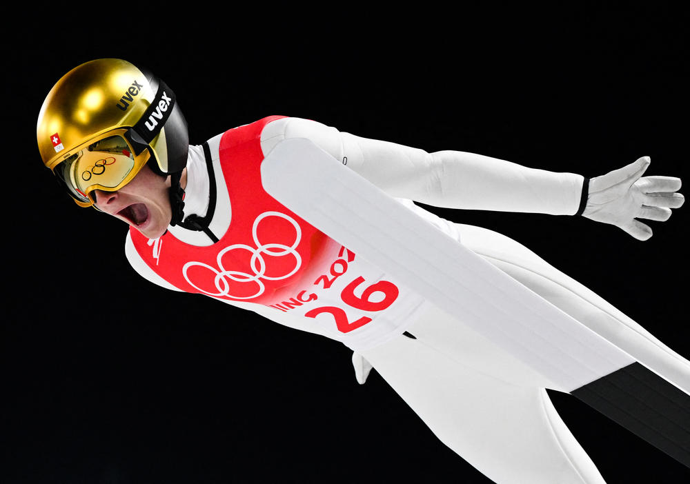 Switzerland's Dominik Peter competes in the Ski Jumping Men's Large Hill Individual Qualification Round, on February 11, 2022 at the Zhangjiakou National Ski Jumping Centre, during the Beijing 2022 Winter Olympic Games.