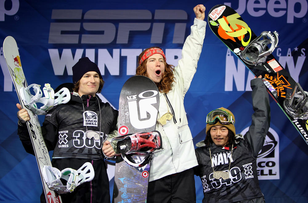 White takes the podium after winning the gold medal in the men's snowboard superpipe at Winter X Games 14 at Buttermilk Mountain in Aspen, Colo. in 2010.