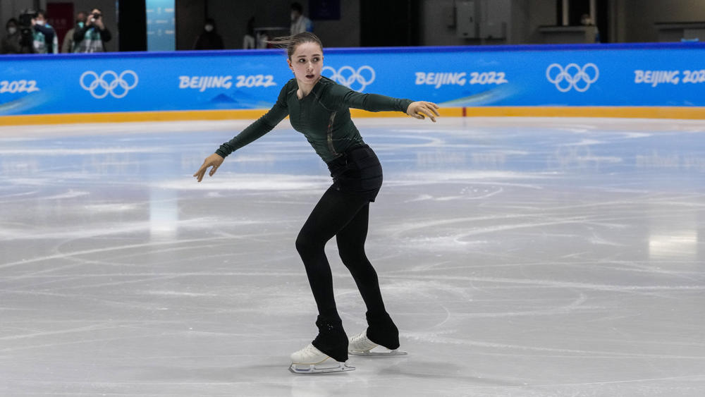 Kamila Valieva, of the Russian Olympic Committee, trains at the 2022 Winter Olympics on Saturday in Beijing.
