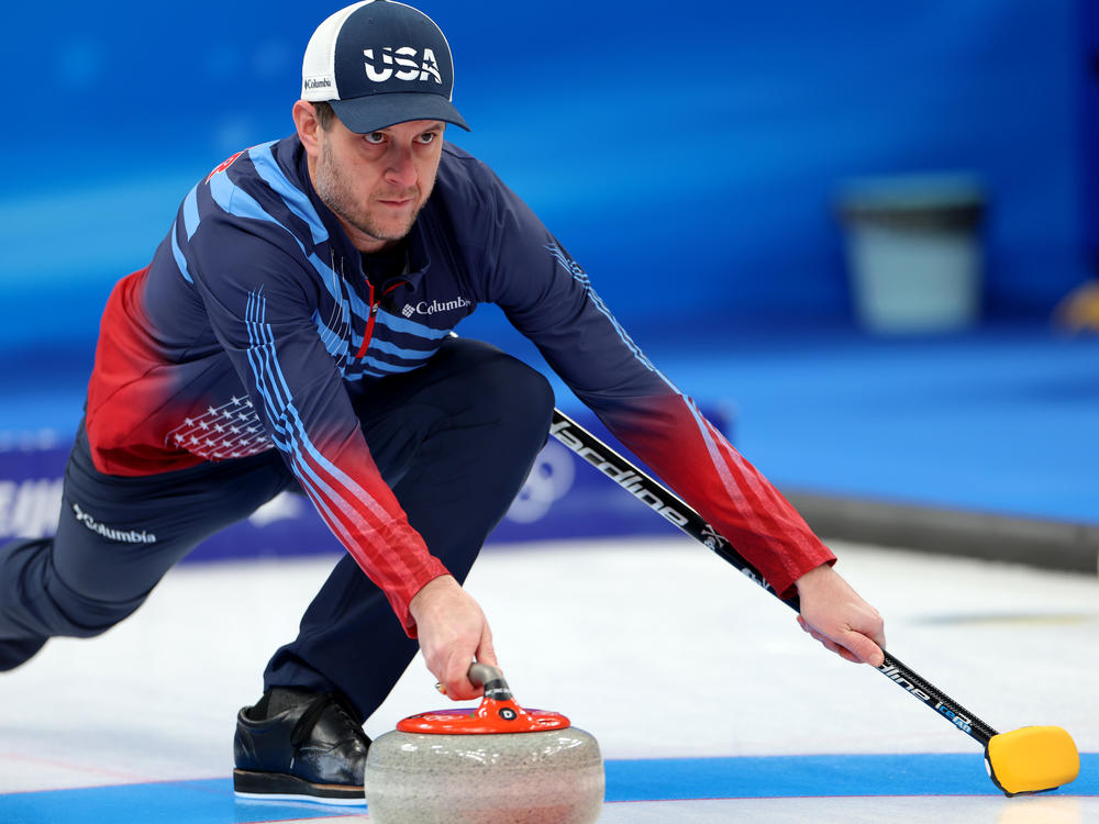 John Shuster competes against Team Norway during the men's round robin curling session at the Beijing 2022 Winter Olympic Games.