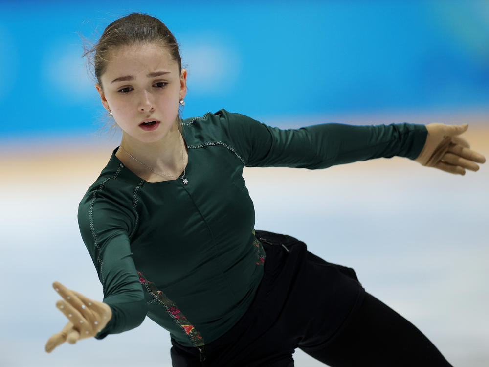Russian figure skater Kamila Valieva skates during a training session on Saturday at the Capital Indoor Stadium practice rink in Beijing, China.