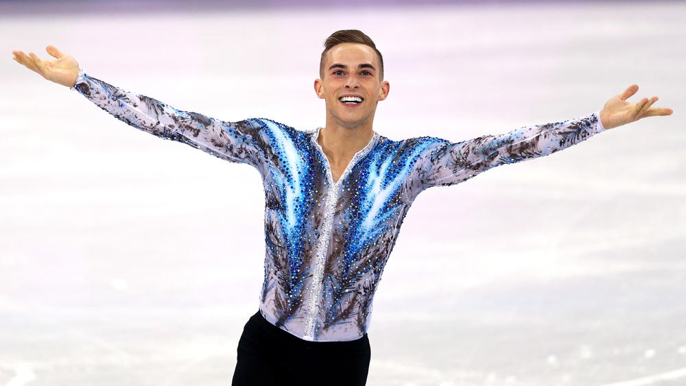 Adam Rippon of Team USA celebrates after competing in the figure skating team event at the Pyeongchang 2018 Winter Olympics. He helped the squad win a bronze medal.